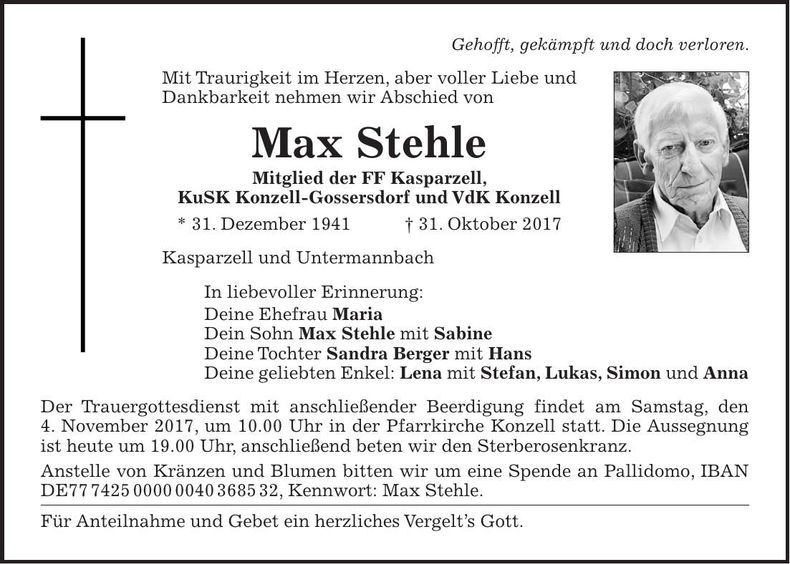 Traueranzeige Max Stehle