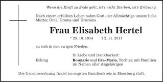 Traueranzeige Elisabeth Hertel