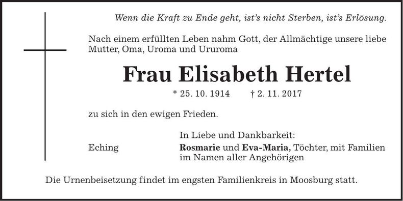 Traueranzeige Elisabeth Hertel