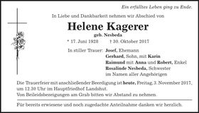 Traueranzeige Helene Kagerer