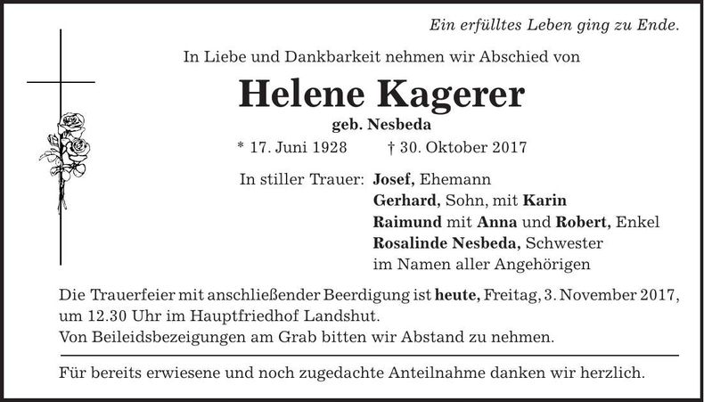 Traueranzeige Helene Kagerer