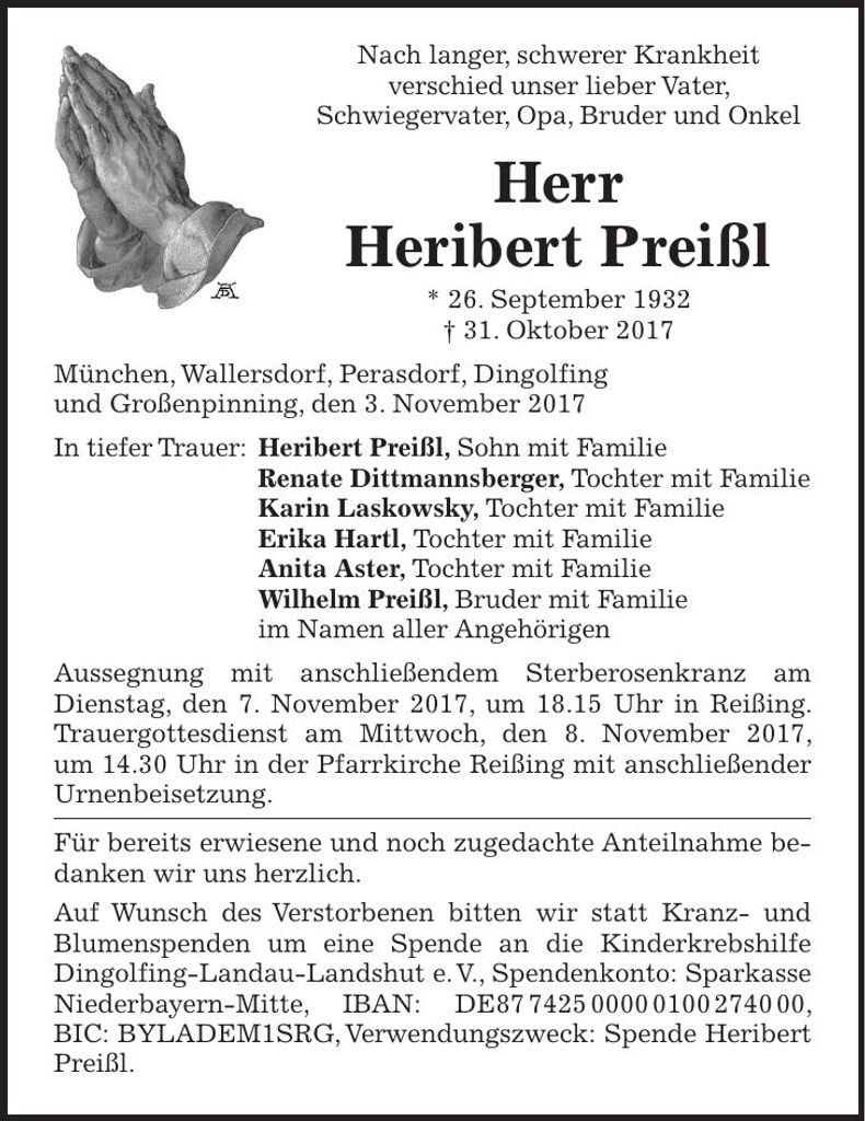 Traueranzeige Heribert Preißl