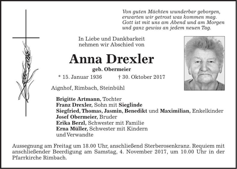 Traueranzeige Anna Drexler