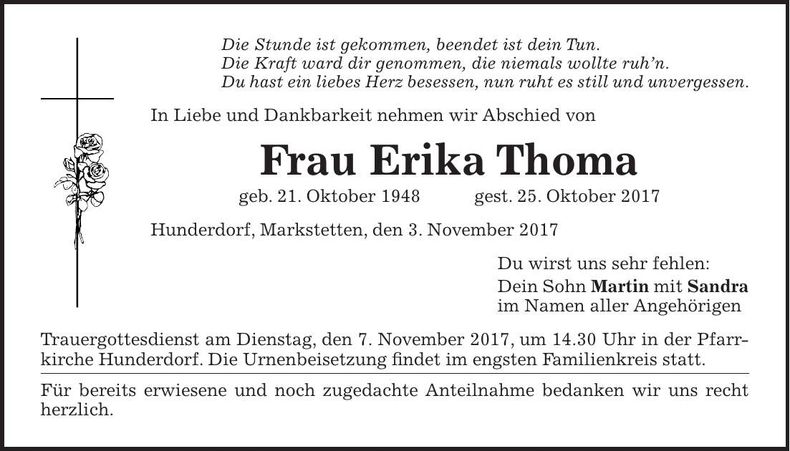 Traueranzeige Erika Thoma
