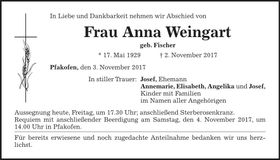Traueranzeige Anna Weingart