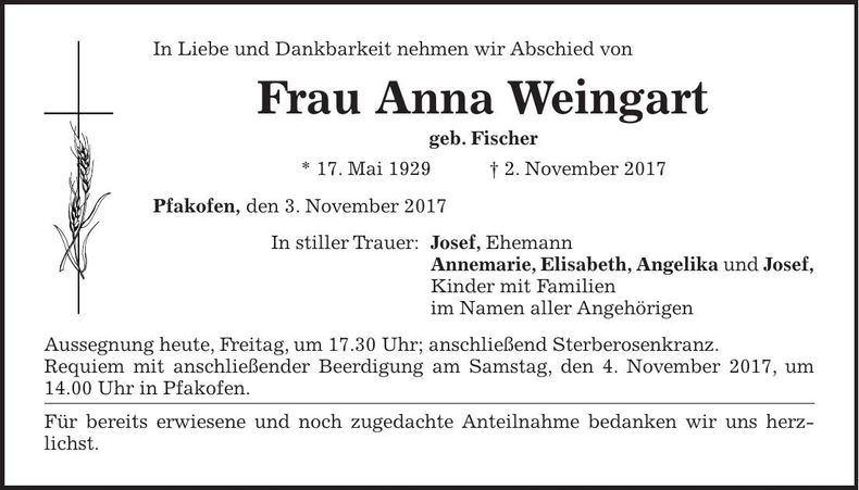 Traueranzeige Anna Weingart