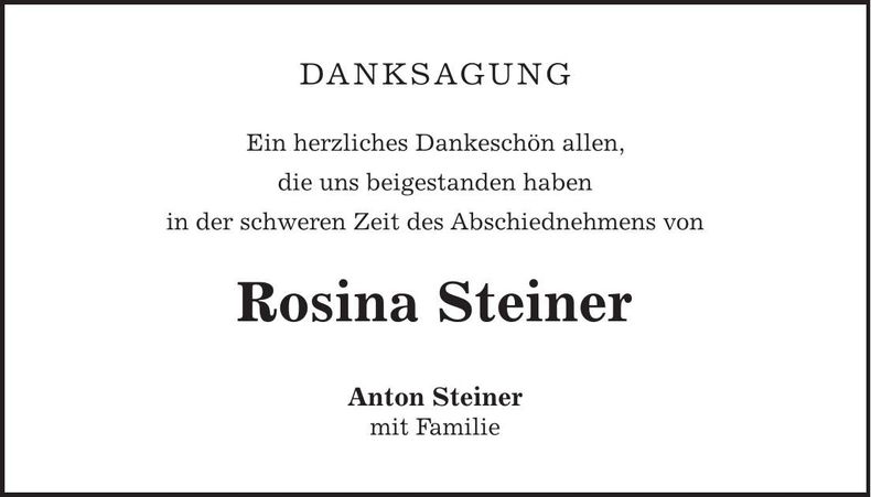 Traueranzeige Rosina Steiner
