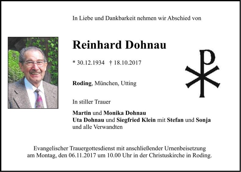 Traueranzeige Reinhard Dohnau