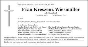 Traueranzeige Kreszenz Wiesmüller
