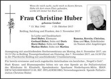 Traueranzeige Christine Huber