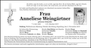 Traueranzeige Anneliese Weingärtner