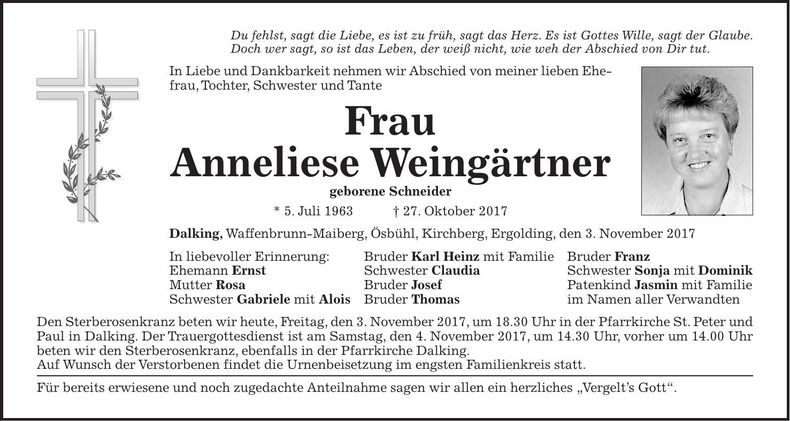 Traueranzeige Anneliese Weingärtner