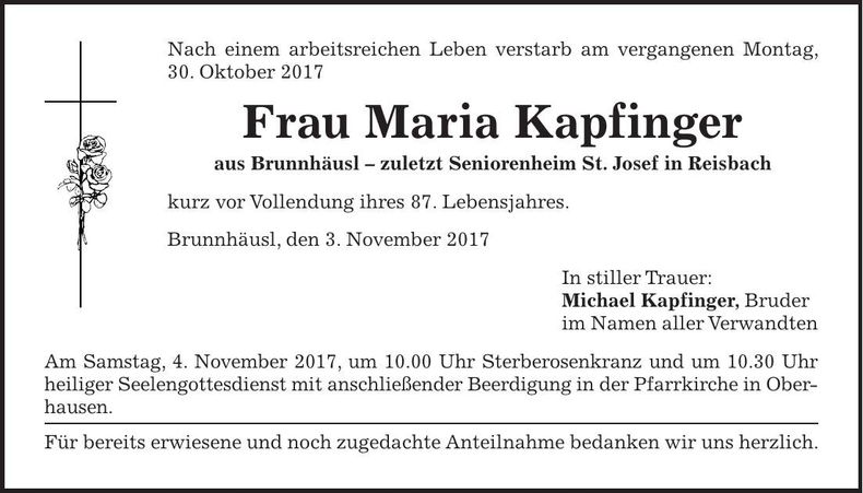 Traueranzeige Maria Kapfinger