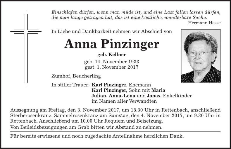 Traueranzeige Anna Pinzinger