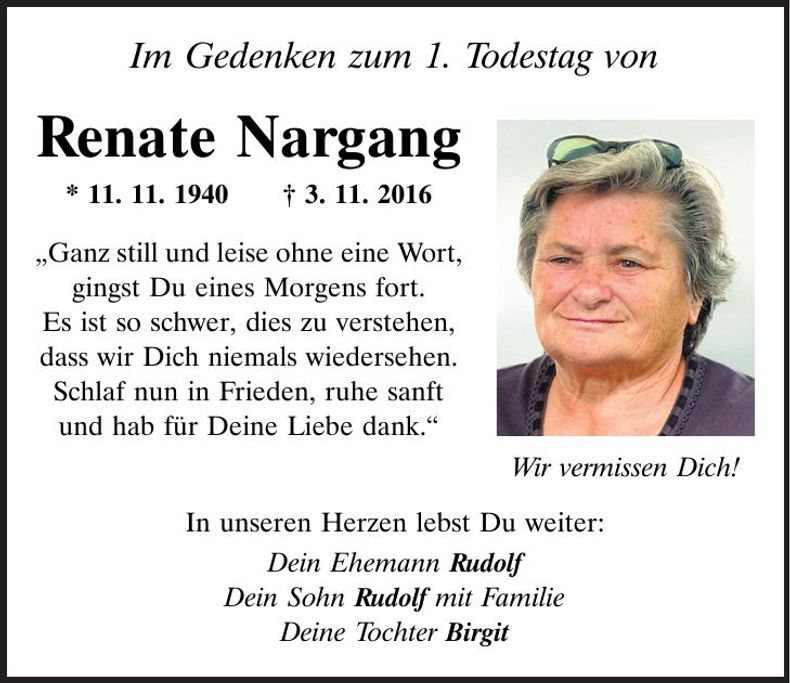 Traueranzeige Renate Nargang
