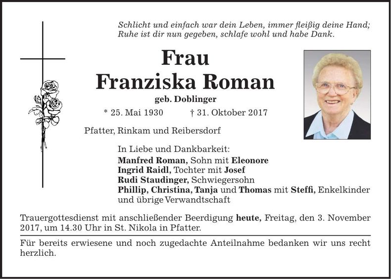 Traueranzeige Franziska Roman