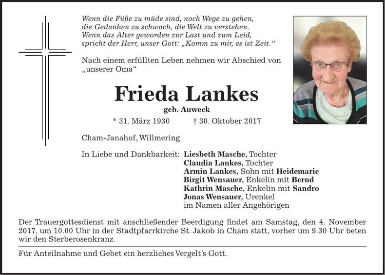 Traueranzeige Frieda Lankes