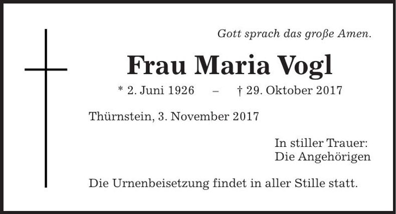 Traueranzeige Maria Vogl