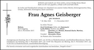 Traueranzeige Agnes Geisberger