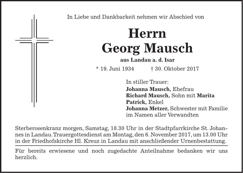 Traueranzeige Georg Mausch
