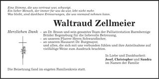 Traueranzeige Waltraud Zellmeier