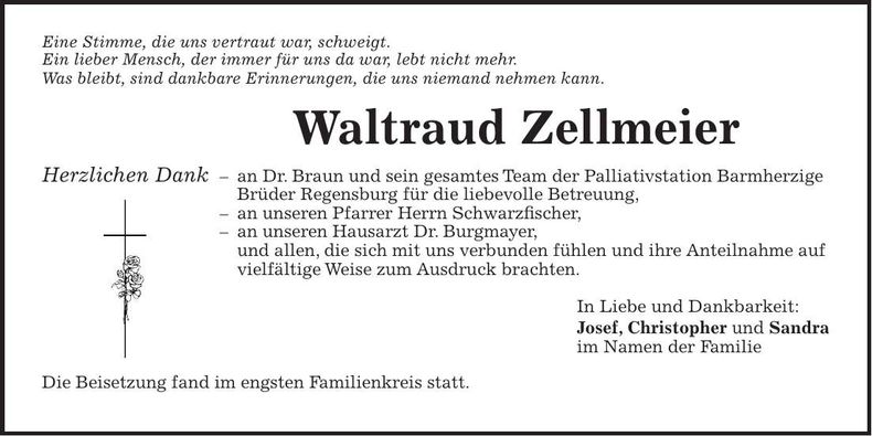 Traueranzeige Waltraud Zellmeier