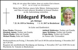Traueranzeige Hildegard Plonka