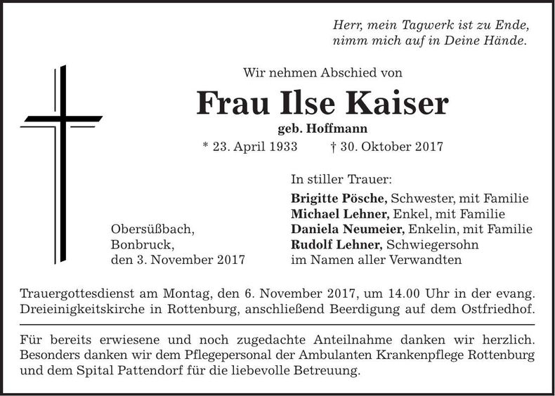 Traueranzeige Ilse Kaiser