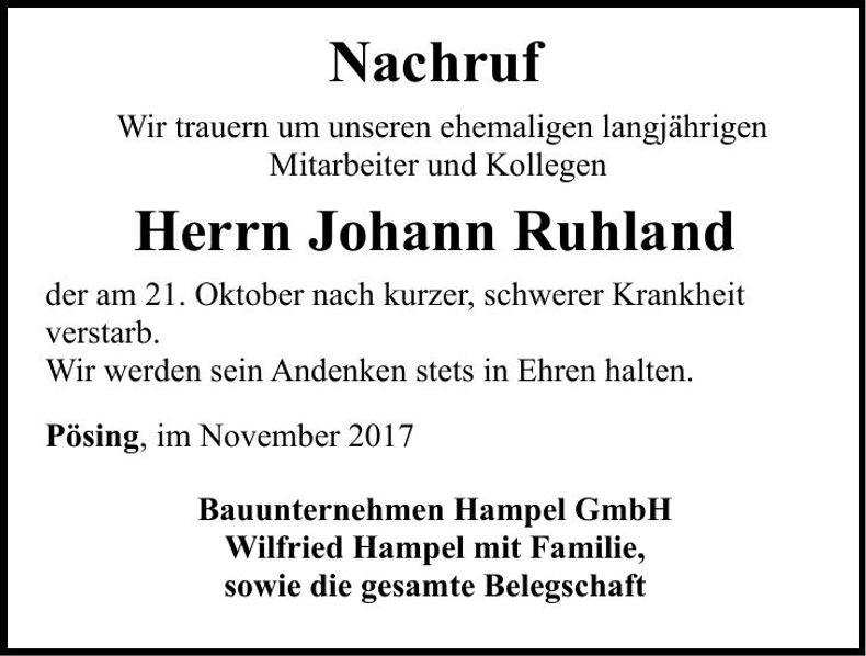 Traueranzeige Johann Ruhland