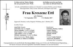 Traueranzeige Kreszenz Ettl