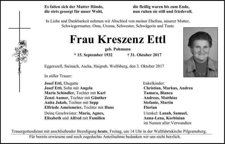 Traueranzeige Kreszenz Ettl