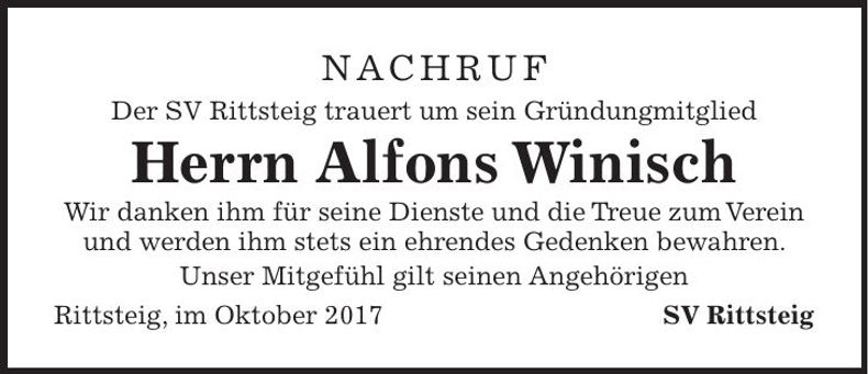 Traueranzeige Alfons Winisch