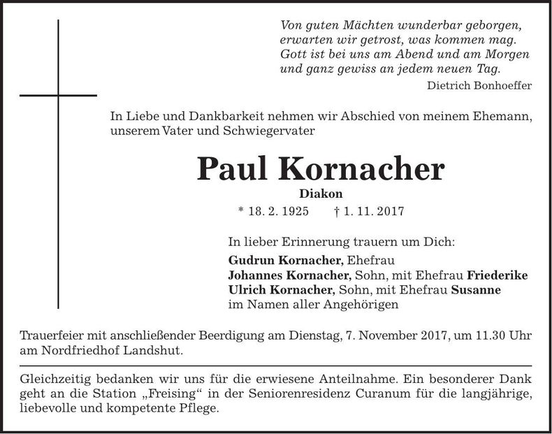 Traueranzeige Paul Kornacher