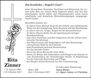 Traueranzeige Rita Zinner