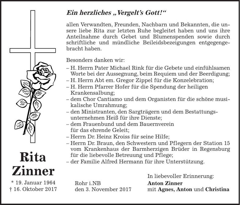 Traueranzeige Rita Zinner