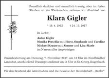 Traueranzeige Klara Gigler