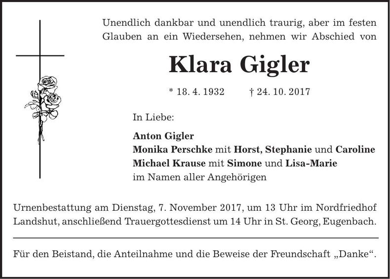 Traueranzeige Klara Gigler