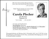 Traueranzeige Carola Plecher