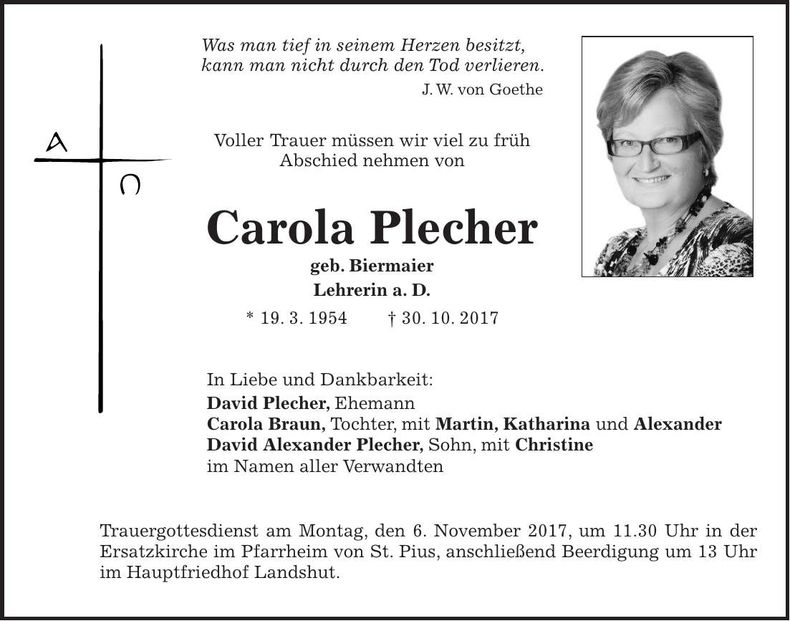 Traueranzeige Carola Plecher