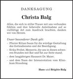 Traueranzeige Christa Balg