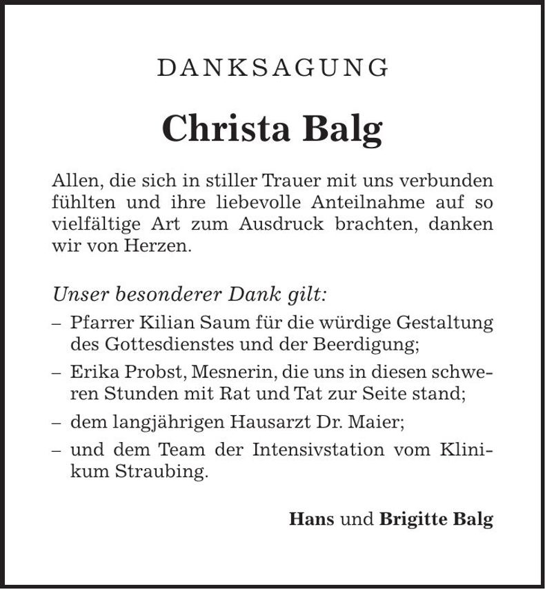 Traueranzeige Christa Balg