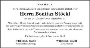 Traueranzeige Bonifatz Stöckl