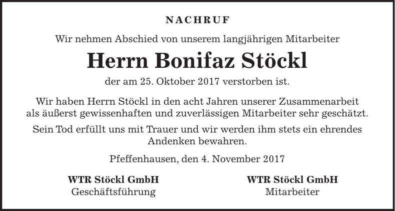 Traueranzeige Bonifatz Stöckl