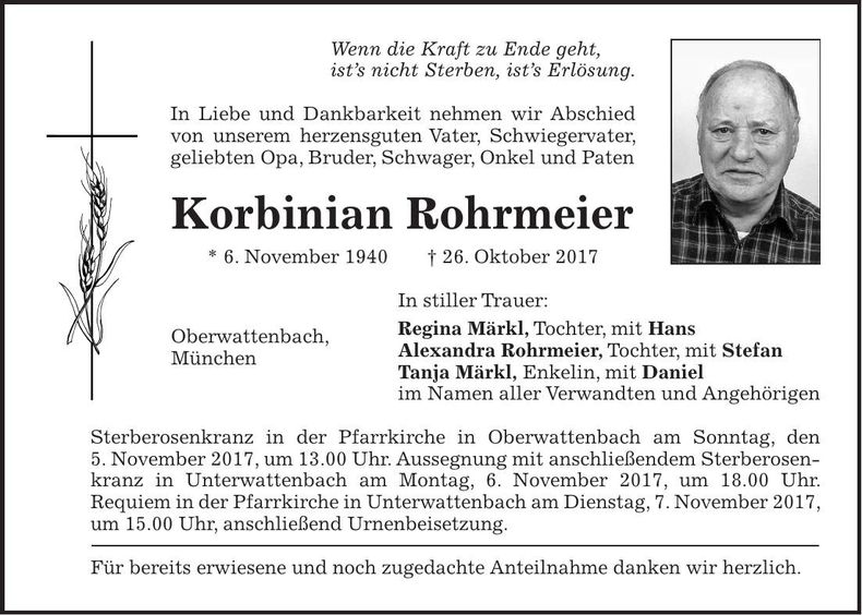 Traueranzeige Korbinian Rohrmeier