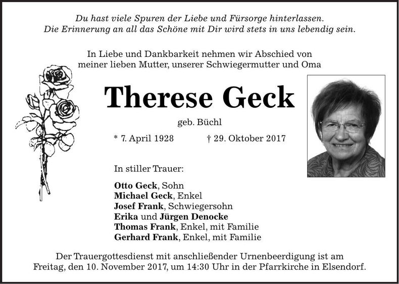 Traueranzeige Therese Geck