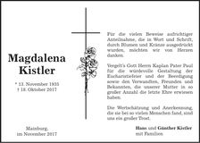 Traueranzeige Magdalena Kistler