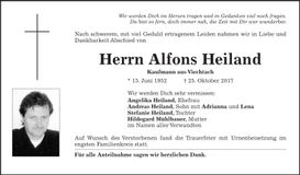 Traueranzeige Alfons Heiland
