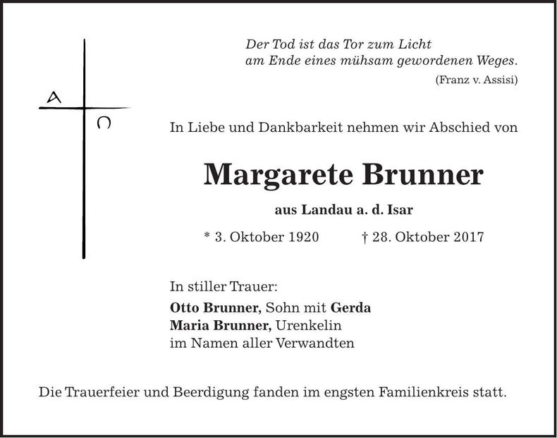 Traueranzeige Margarete Brunner