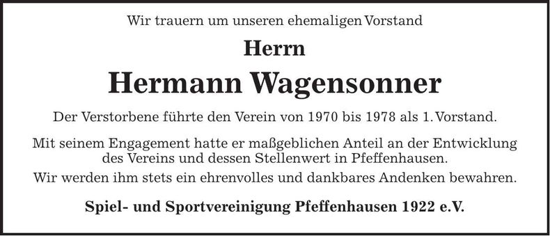 Traueranzeige Hermann Wagensonner