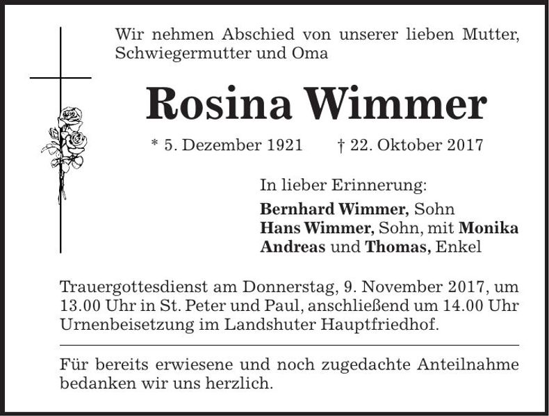 Traueranzeige Rosina Wimmer